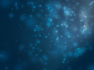 Naklejka premium Many light snowflakes falling from side scene and glitter light effect on dark blue background