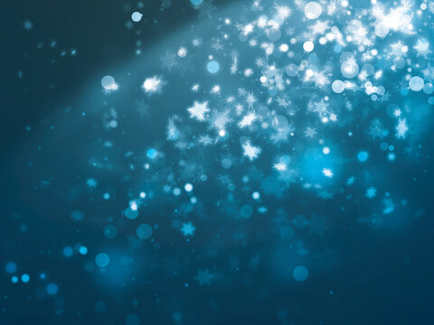Many snowflakes effect falling from side scene and dot light effect setting on blue background with spot light