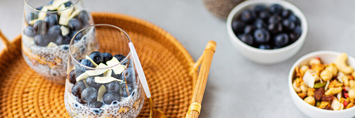 Chia pudding with granola and fresh blueberries in the glasses on a gray concrete background with copy space. Concept of healthy eating, healthy lifestyle, dieting, fitness menu. Selective focus