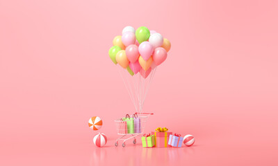 Online shopping concept. balloons and gift boxes with shopping chart on pink background. 3D render illustration