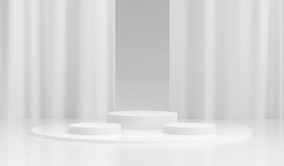 3D geometric white podium for product placement with curtain background. Abstract minimal white scene background.