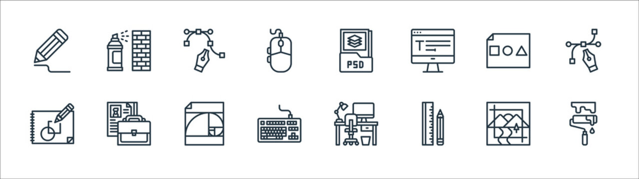 graphic design line icons. linear set. quality vector line set such as paint roller, drawing tools, keyboard, sketchup, basic shapes, psd file, graffiti.
