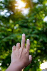 Technology, hand holding with environment Icons over the Network connection on green background