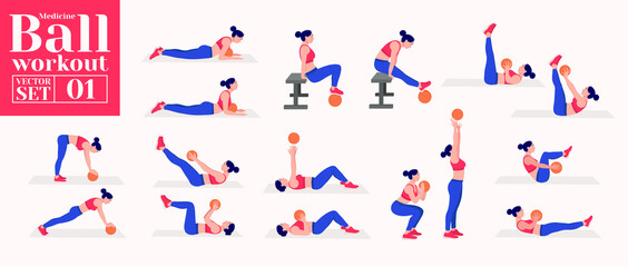 Fototapeta na wymiar Medicine ball Workout Set. woman doing exercises with medicine ball. Lunges, Pushups, Squats, Dumbbell rows, Burpees, Side planks, Situps, Glute bridge, Leg Raise, Russian Twist, Side Crunch .etc