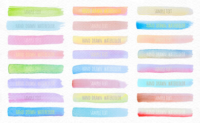 Collection Vector label tag elements Set Watercolor brush paint strokes from a hand drawn on the white paper texture background