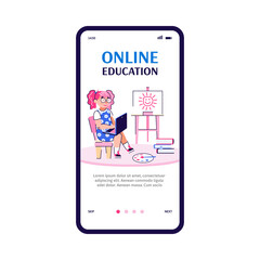 Concept of online education for children. A girl uses a laptop to learn how to draw. Mobile application on the screen smartphone. Landing page template. Cartoon vector illustration