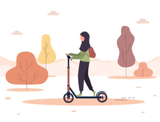 Autumn background. Cartoon arab woman in hijab ride on scooter in park. Healthy lifestyle. Eco transportation. Modern vector illustration in flat style.