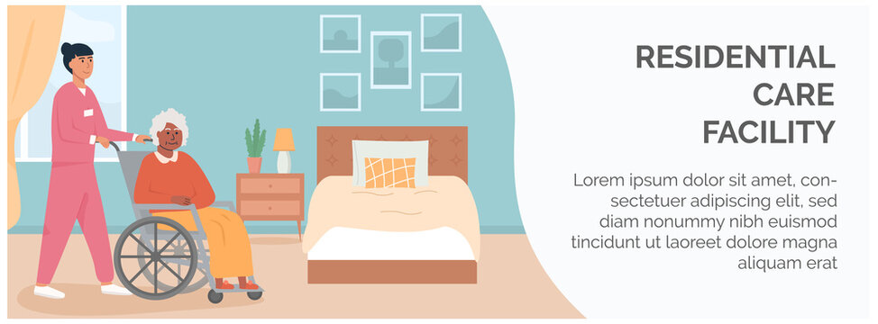 Banner for retirement home. Residential care facility at nursing home. A nurse with elderly black woman in wheelchair. African american disabled lady at her bedroom. Social worker with patient. Vector