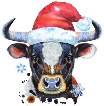 Watercolor illustration of black bull in Santa hat