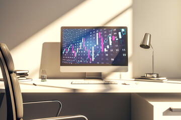 Modern computer display with abstract financial graph, financial and trading concept. 3D Rendering