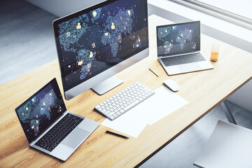 Modern computer monitor with social network icons concept with world map. Marketing and promotion concept. 3D Rendering