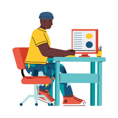 African college student or school boy using computer. Online education concept with cartoon teenager sitting behind learning desk, isolated vector illustration.