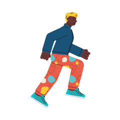 Young fashionable man cartoon character running forward, flat vector illustration isolated on white background. Hurrying modern guy to illustrate urban lifestyle.