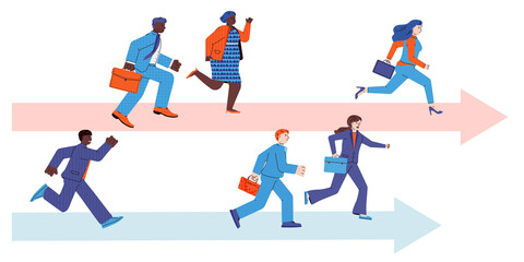 Business people running a career race - corporate teams of workers competing for success. Sprint racing of two arrows with men and women group, vector illustration.