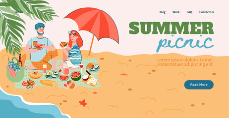 Fototapeta na wymiar Summer picnic website page mockup with young couple having outdoor meal on seacoast, flat cartoon vector illustration. Picnic and barbecue party arranging.