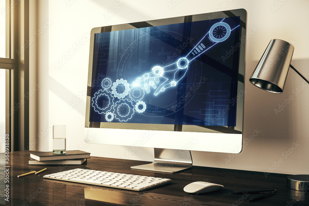 Poster creative concept of robotics technology on modern laptop screen. robot development and automation co