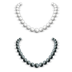 Necklace of white and black pearls on a female neck, 3d vector realistic mockup of a jewel, female accessory isolated on white background