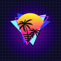 Vector Illustration for T-shirt with Palms and Sunset	 - obrazy, fototapety, plakaty