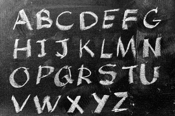 Fototapeta na wymiar White color chalk hand writing in english capital letter on black board background