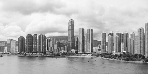 Panorama of harbor and skyline of Hong Kong city