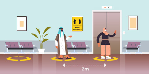 Fototapeta premium arab businesspeople in protective masks keeping distance to prevent coronavirus pandemic social distancing concept people standing on yellow floor signs full length horizontal vector illustration