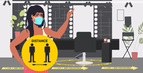 hairdresser in mask with yellow sign keeping distance to prevent coronavirus pandemic beauty salon interior horizontal portrait vector illustration