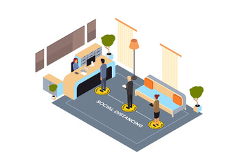 businesspeople keeping distance to prevent coronavirus pandemic social distancing concept business people standing line queue at reception desk horizontal full length isometric vector illustration