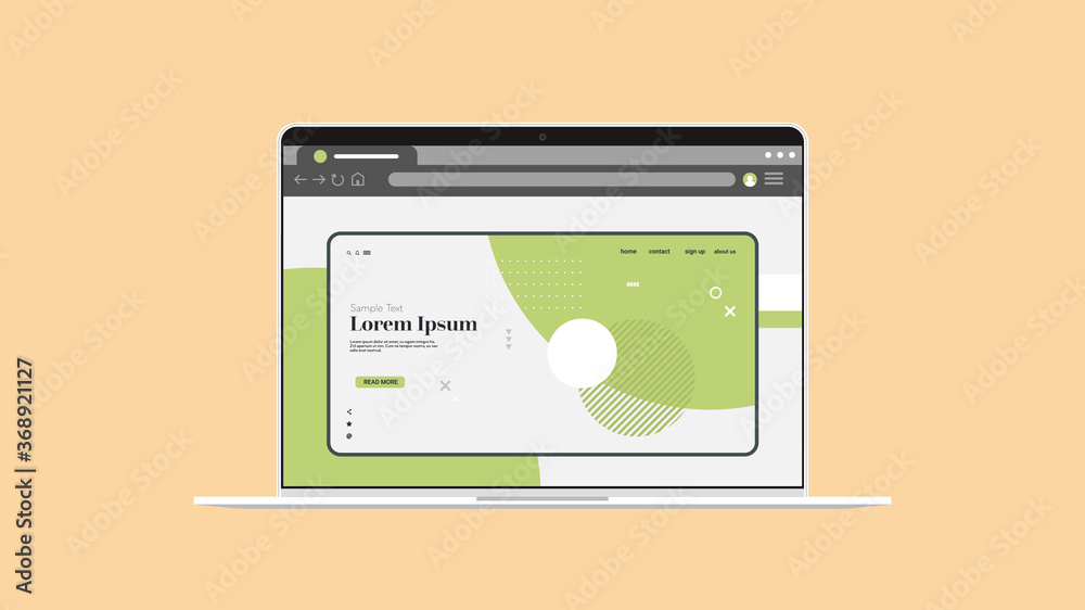 Poster landing page website template on laptop screen application development web design concept horizontal