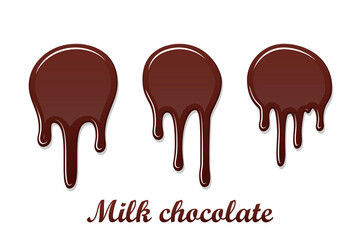 Chocolate drip splash set. Chocolate liquid blot isolated white background. Shape melt dessert spot. 3D realistic stain element. Food decoration. Milk, dark chocolate splashing. Vector illustration