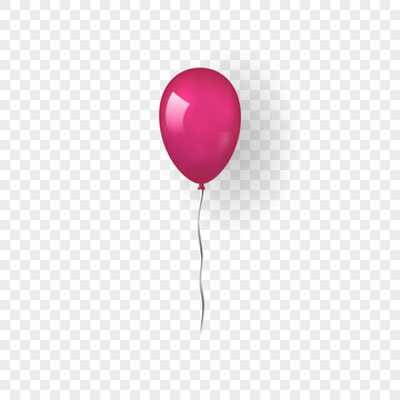 Pink balloon 3D, thread, isolated white transparent background. Color glossy flying baloon, ribbon, birthday celebrate, surprise. Helium ballon gift. Realistic design happy bday Vector illustration