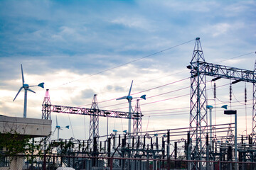 High voltage pole, High voltage power transformer substation