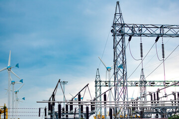 High voltage pole, High voltage power transformer substation