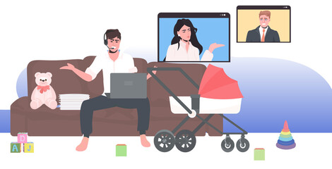 man with stroller using laptop working from home businessman discussing with colleagues during video call self-isolation concept full length horizontal vector illustration