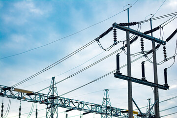 High voltage pole, High voltage power transformer substation