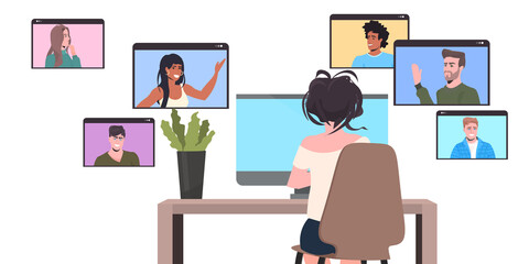 businesswoman chatting with mix race colleagues in web browser windows during video call online conference meeting self isolation concept horizontal portrait vector illustration