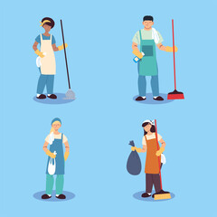 set of cleaning workers, professional cleaning staff, domestic cleaner worker and cleaners equipment