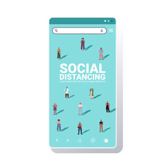 mix race people keeping distance to prevent coronavirus pandemic social distancing concept smartphone screen mobile app copy space isometric vector illustration
