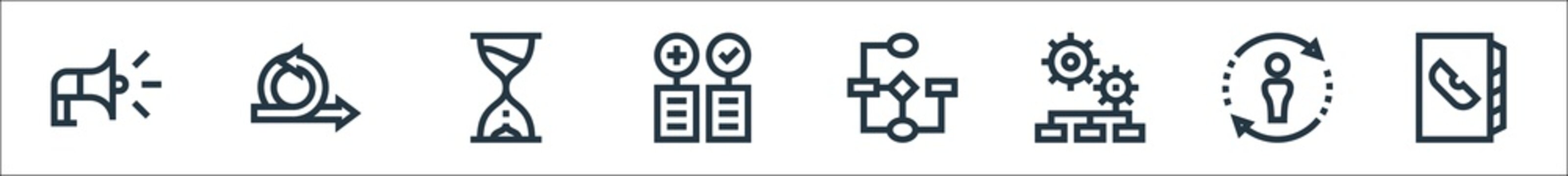 Management Line Icons. Linear Set. Quality Vector Line Set Such As Telephone Book, Businessman, Settings, Flow Chart, Pros And Cons, Hourglass, Agile.