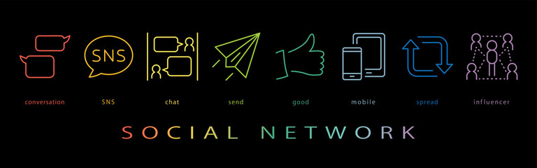 ソーシャルネットワーク　ネオンカラーのラインアイコン