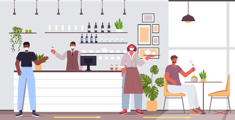 visitors in protective masks keeping distance to prevent coronavirus social distancing concept cafe interior horizontal full length vector illustration