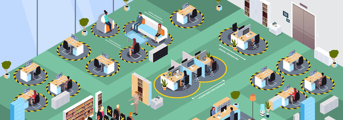 businesspeople keeping distance to prevent coronavirus pandemic social distancing concept colleagues working during quarantine in coworking area horizontal full length isometric vector illustration
