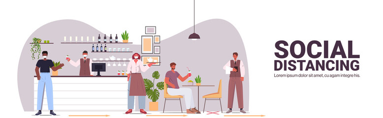 visitors in protective masks keeping distance to prevent coronavirus social distancing concept cafe interior horizontal full length copy space vector illustration