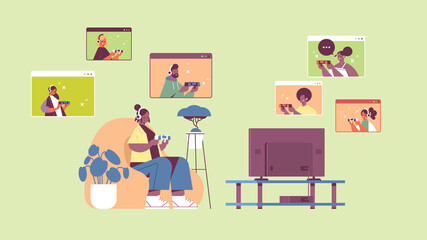 woman playing video games on tv with mix race friends in web browser windows during virtual conference horizontal full length vector illustration