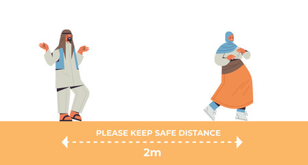 arabic people keeping 2 meters distance to prevent coronavirus pandemic social distancing concept horizontal full length vector illustration