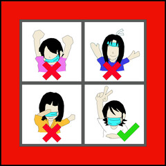 How to Correct wear a face mask safely self prevention ill for protect dust and germs pm 2.5, coronavirus covid-19, present by cartoon