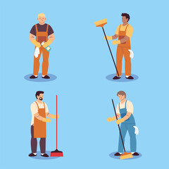 set of cleaning workers, professional cleaning staff, domestic cleaner worker and cleaners equipment