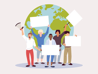 people with banners and signs draw attention to climate change