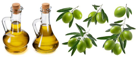 Big olive oil set isolated on white background. Green berries and glass bottles