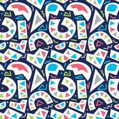 colorful abstract basic shapes seamless pattern isolated in blue background