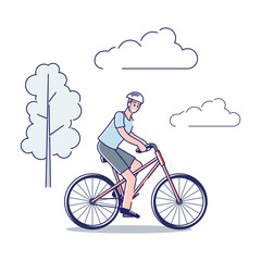 Man riding bike. Cartoon male character in helmet on bicycle riding outdoors